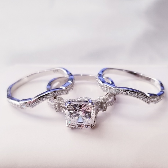 SunEE Jewelry - Real 925 Cushion Engagement Wedding Ring Set